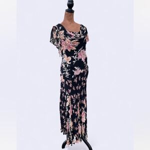 Majick black floral maxi dress w cowl neck & asymmetrical skirt